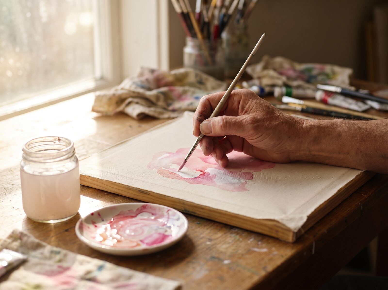 画家が桜を描く様子